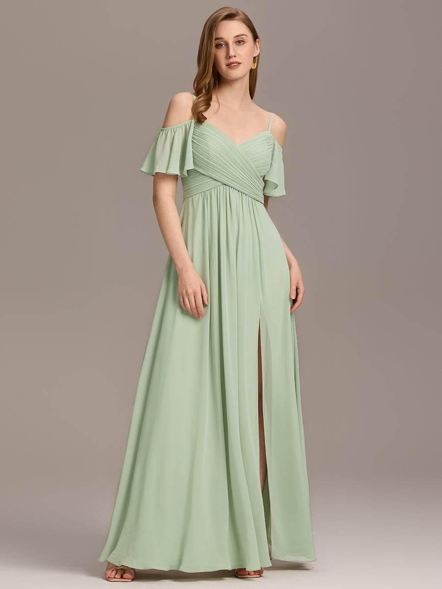 Off Shoulder Short Sleeve Pleated A-Line Bridesmaid Dress with Side Split – Floor Length - Biamonde